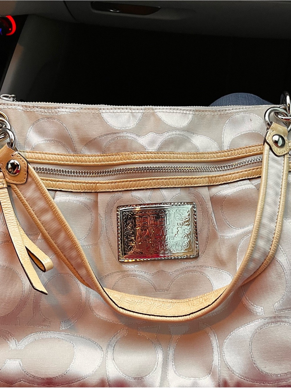 Coach Silver Metallic Signature Shoulder Bag with Tan Trim